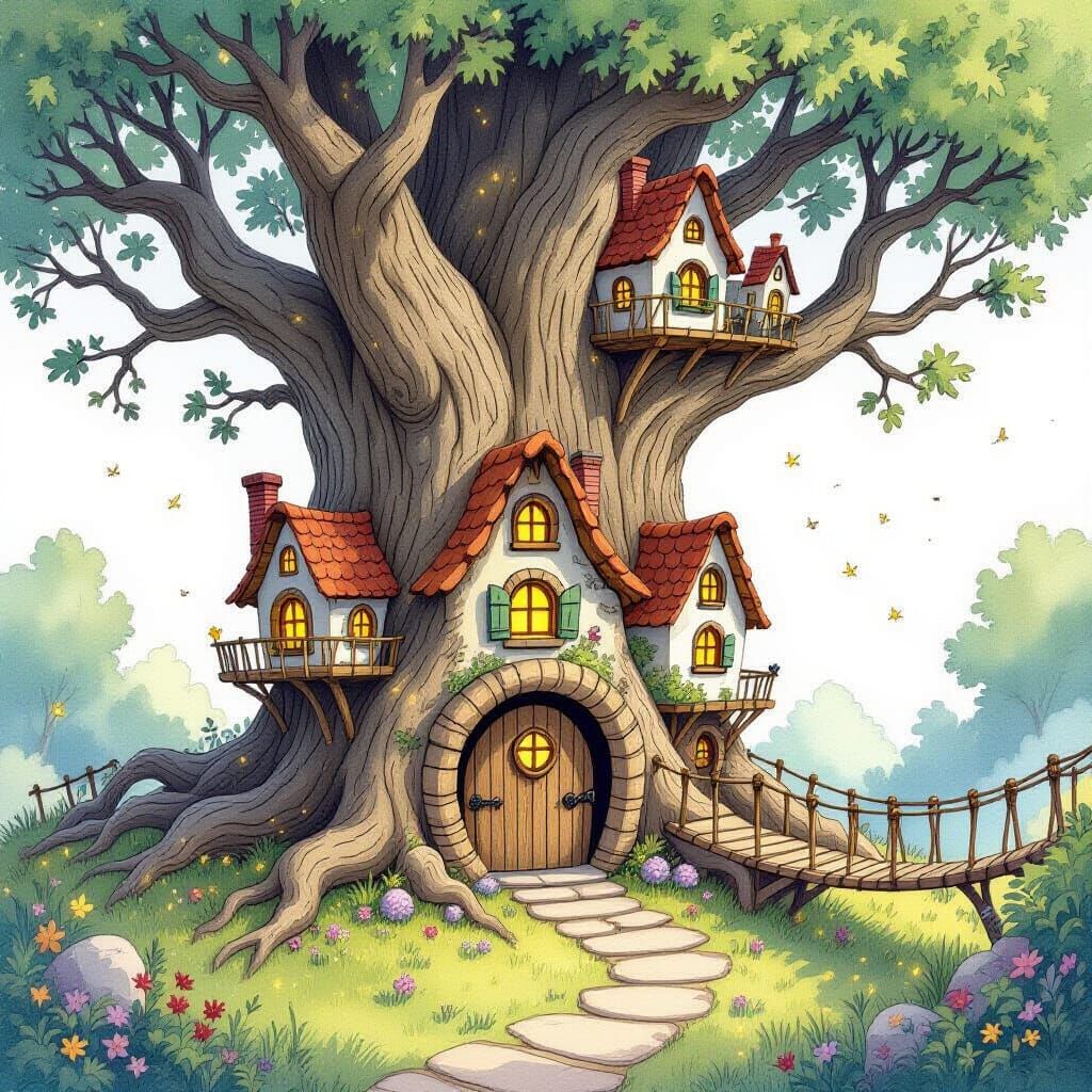 Enchanted Village in Ancient Tree Trunk, Storybook Style