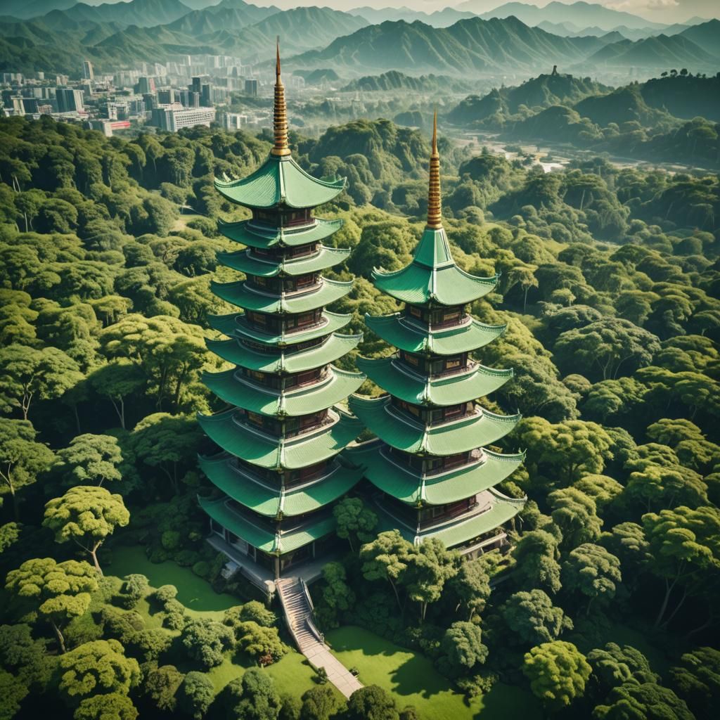 Cinematic Pagoda on Green Planet Film Still