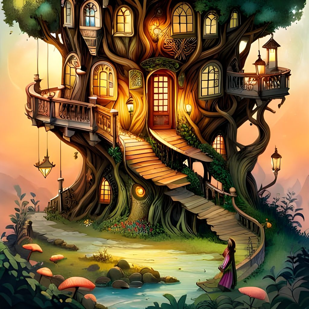 Fairytale Treehouse with Sweeping Elvish Stairway