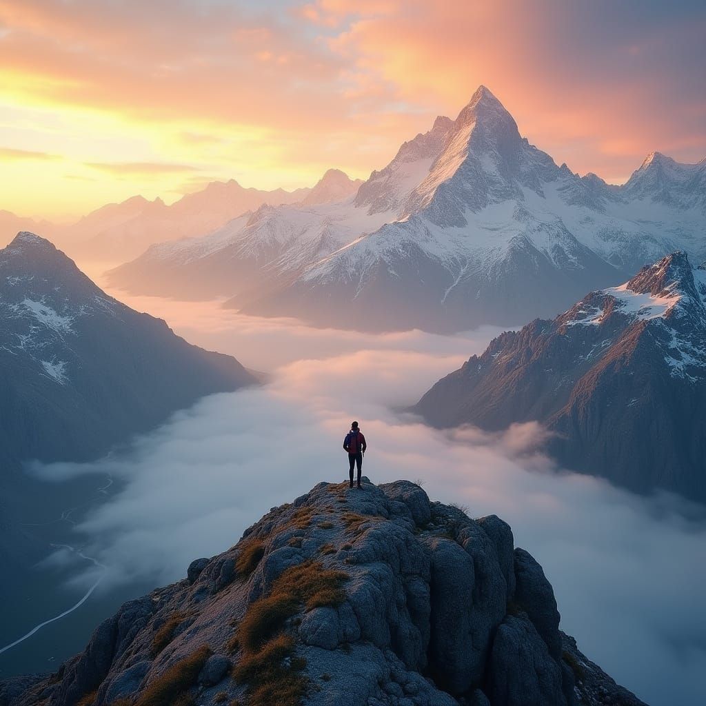 Alps Sunrise: Golden Light on Snowy Peaks, Hiker in Awe