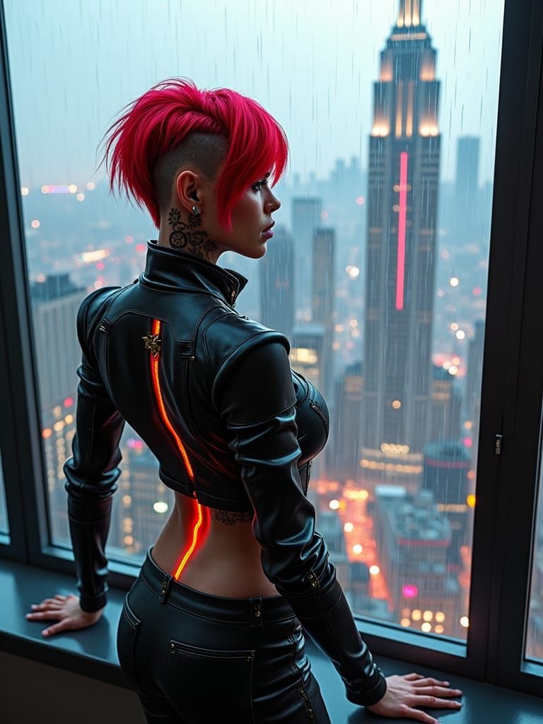 Cyberpunk Girl with Red Hair in Rainy Cityscape
