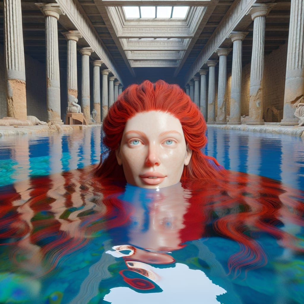 Woman Bathes in Greek Temple: Hyperrealistic Portrait