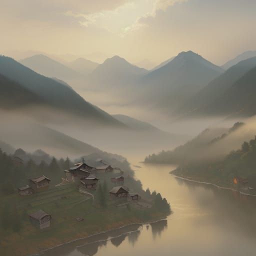 Chinese Ink Village Panorama in Misty Mountains