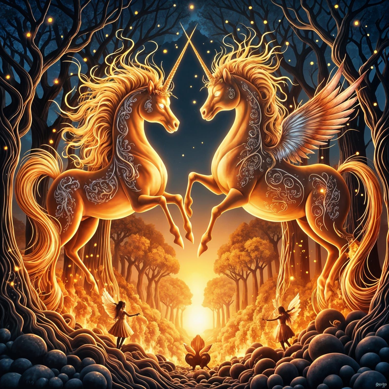 Mystical Forest Ablaze with Fire Unicorns