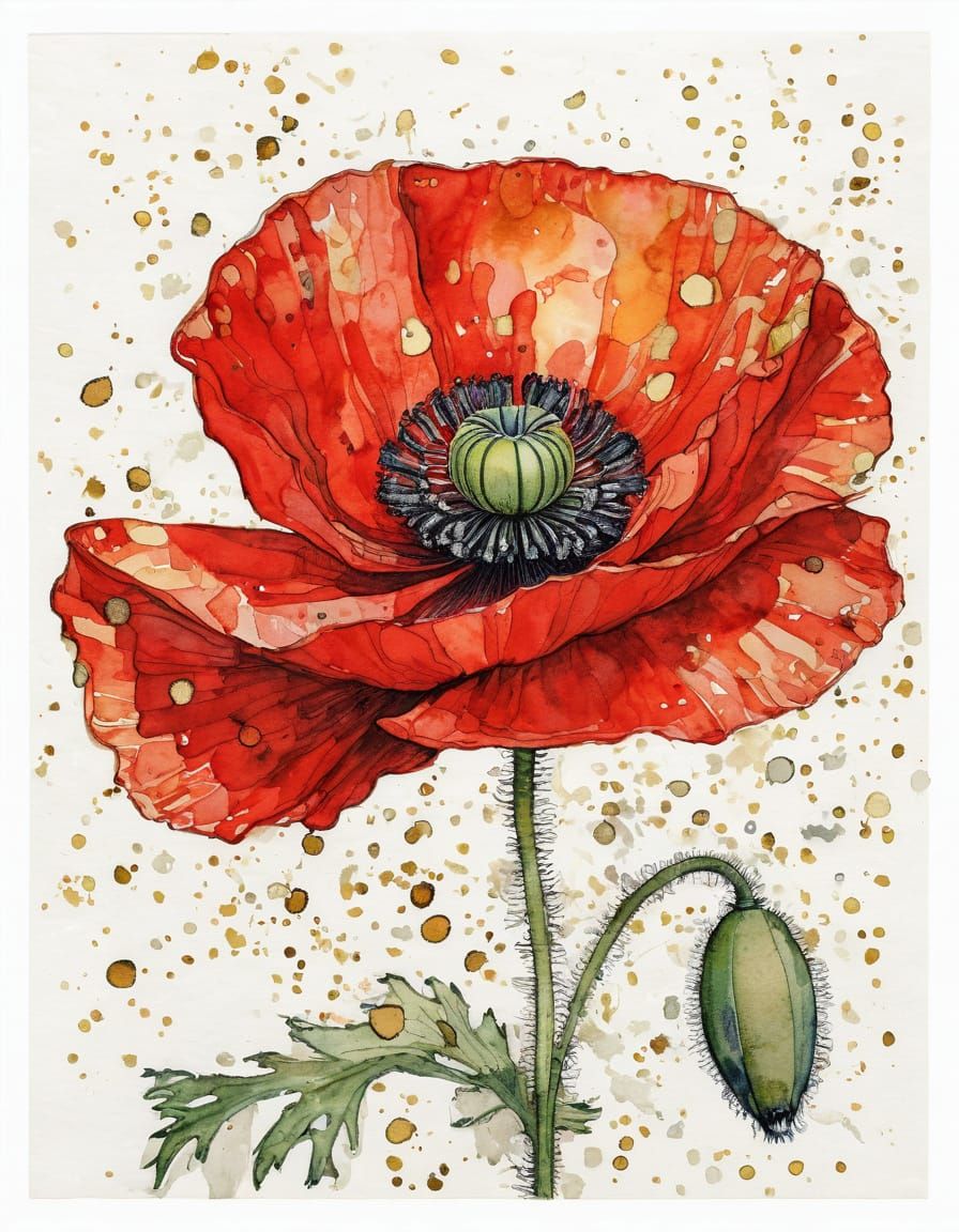 Red Poppy Ink Watercolour in Klimt Style