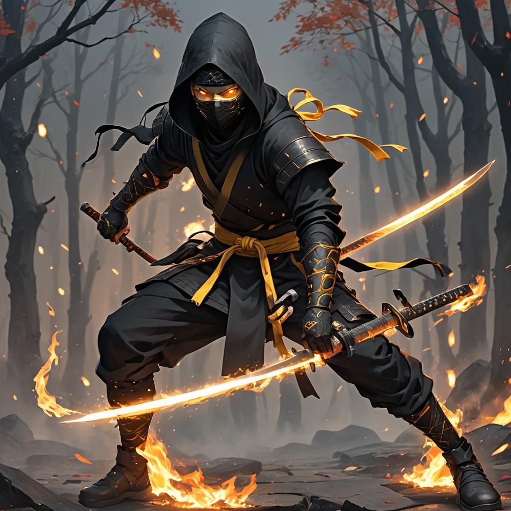 Fiery Ninja with Katana: 3D Anime Art