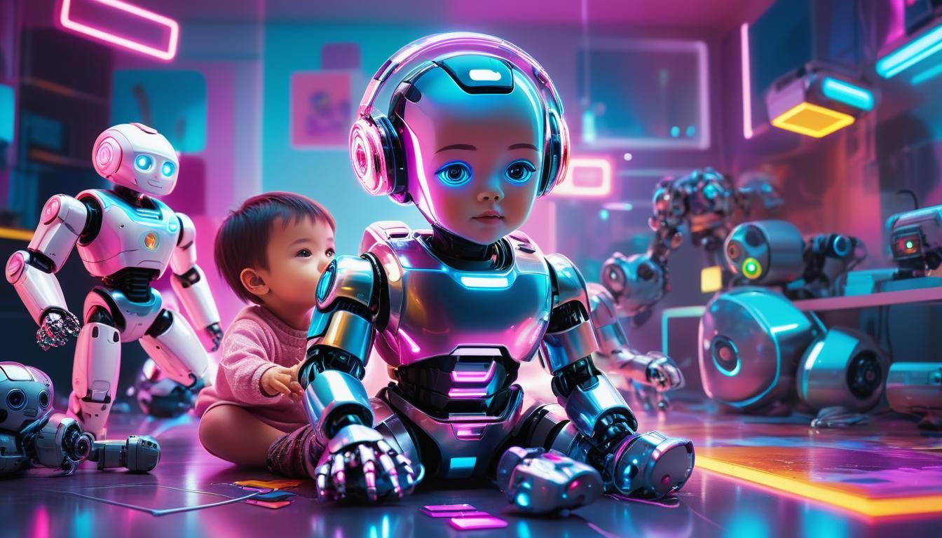Futuristic Kid and Robot Toy in Neon Room