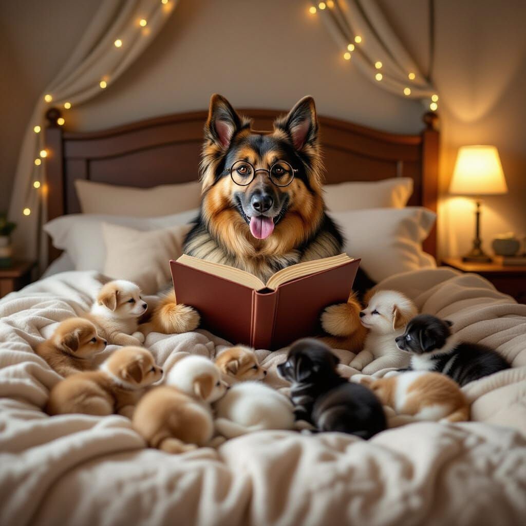 German Shepherd Reading Bedtime Story to Animals