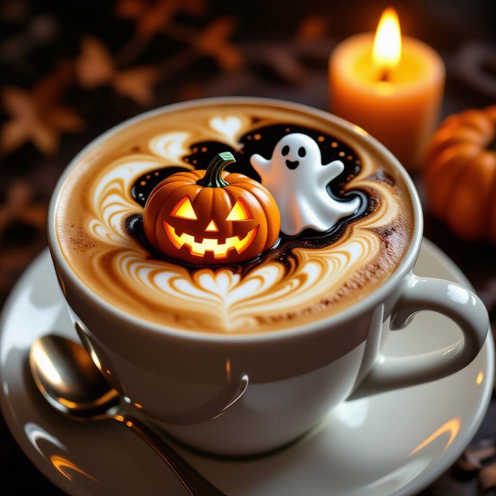 Halloween Latte Art with Pumpkin and Ghost