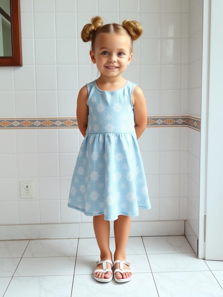 Cute Girl with Double Bun in Tiled Room