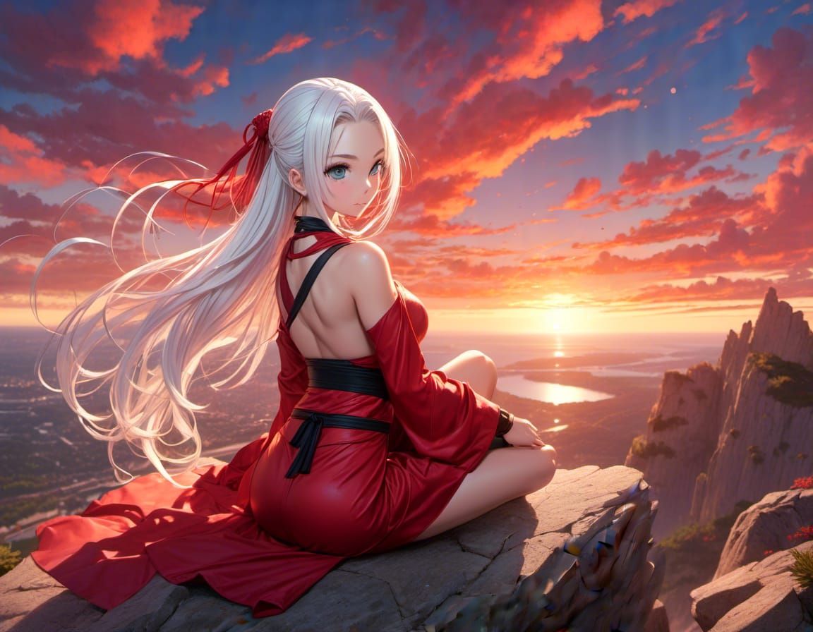 Anime Woman on Mountain at Sunrise