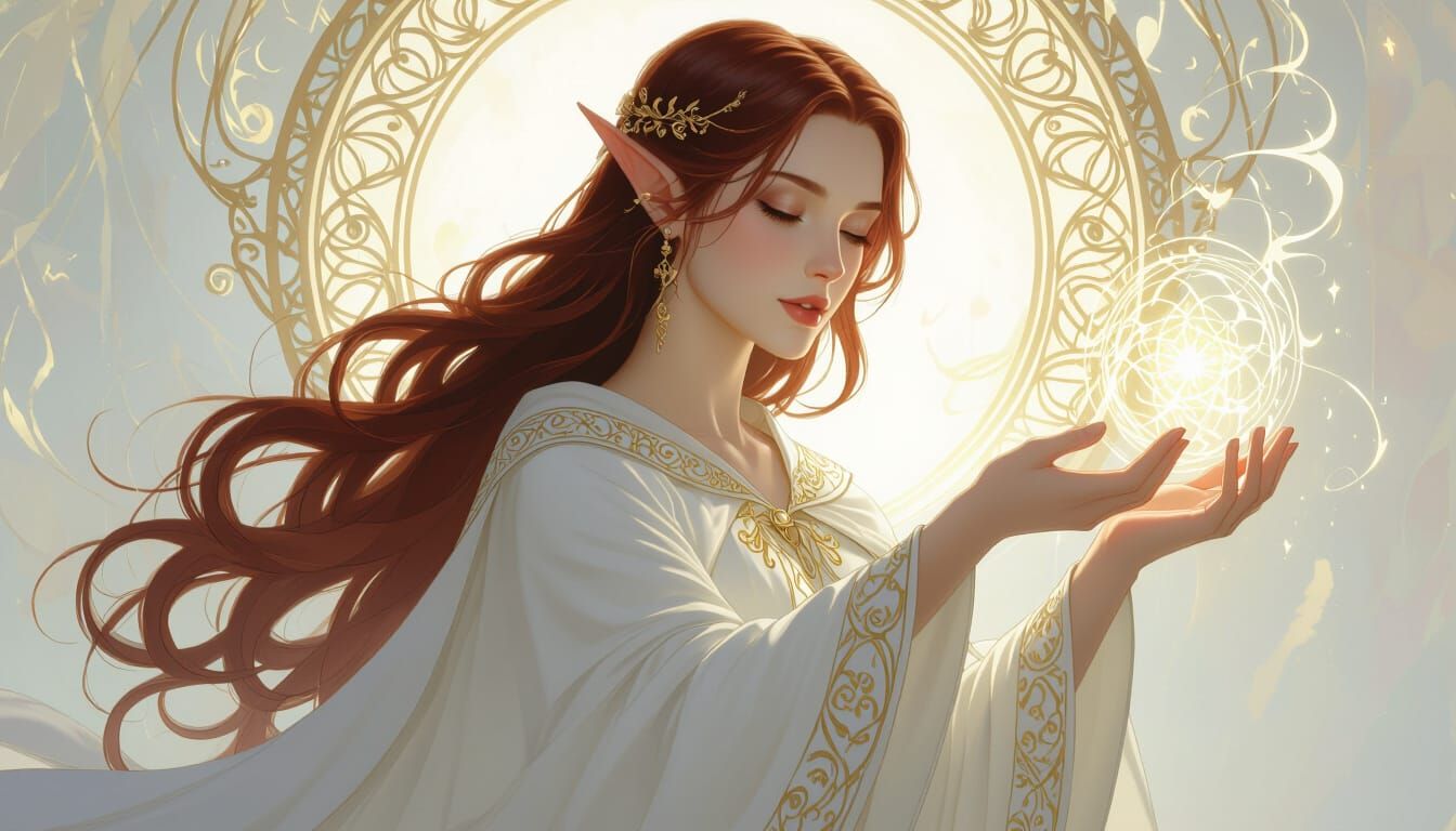 High Elf Healer Casting Magic in Hyperrealistic Style