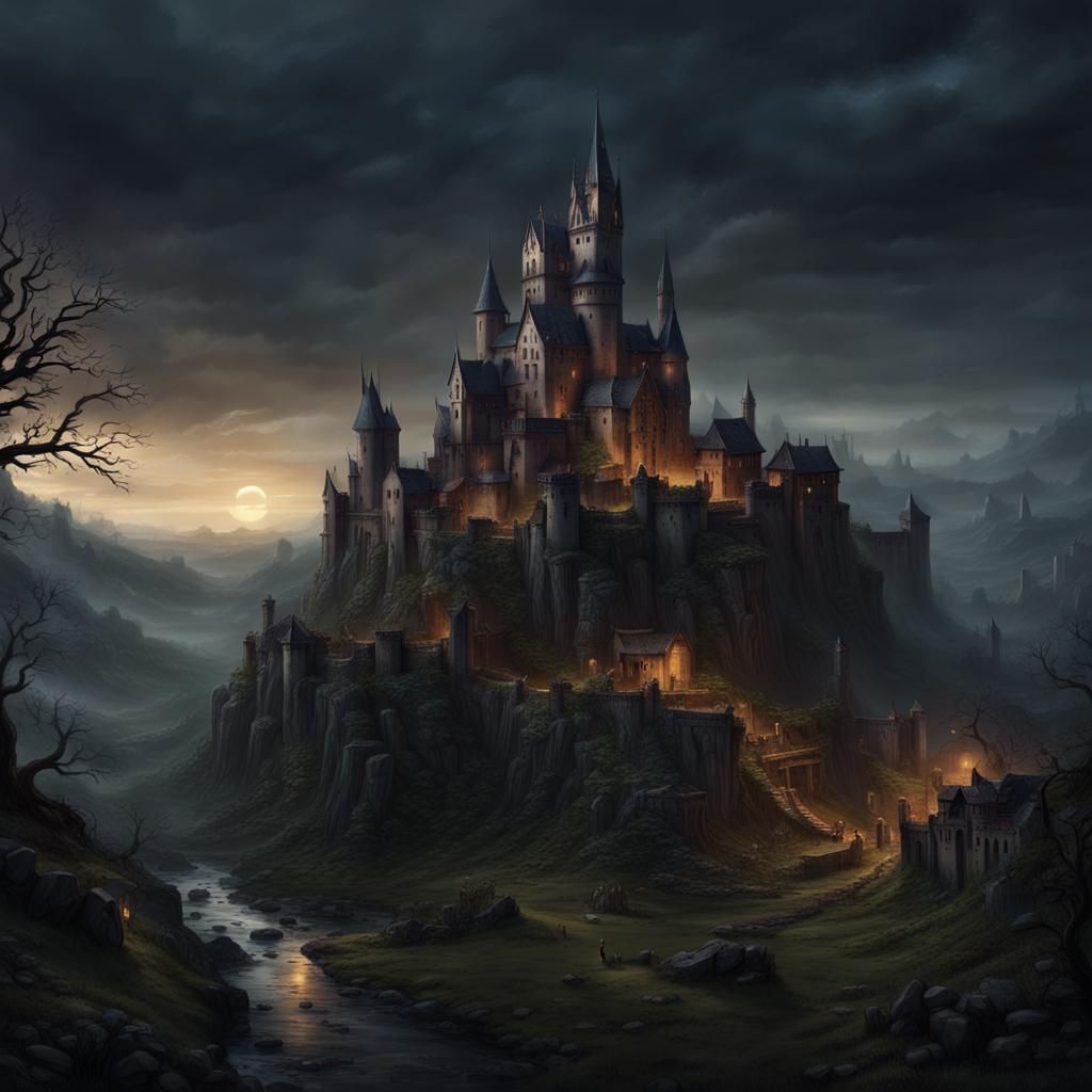 Dark Fantasy Hamlet Beneath Gothic Castle at Evening