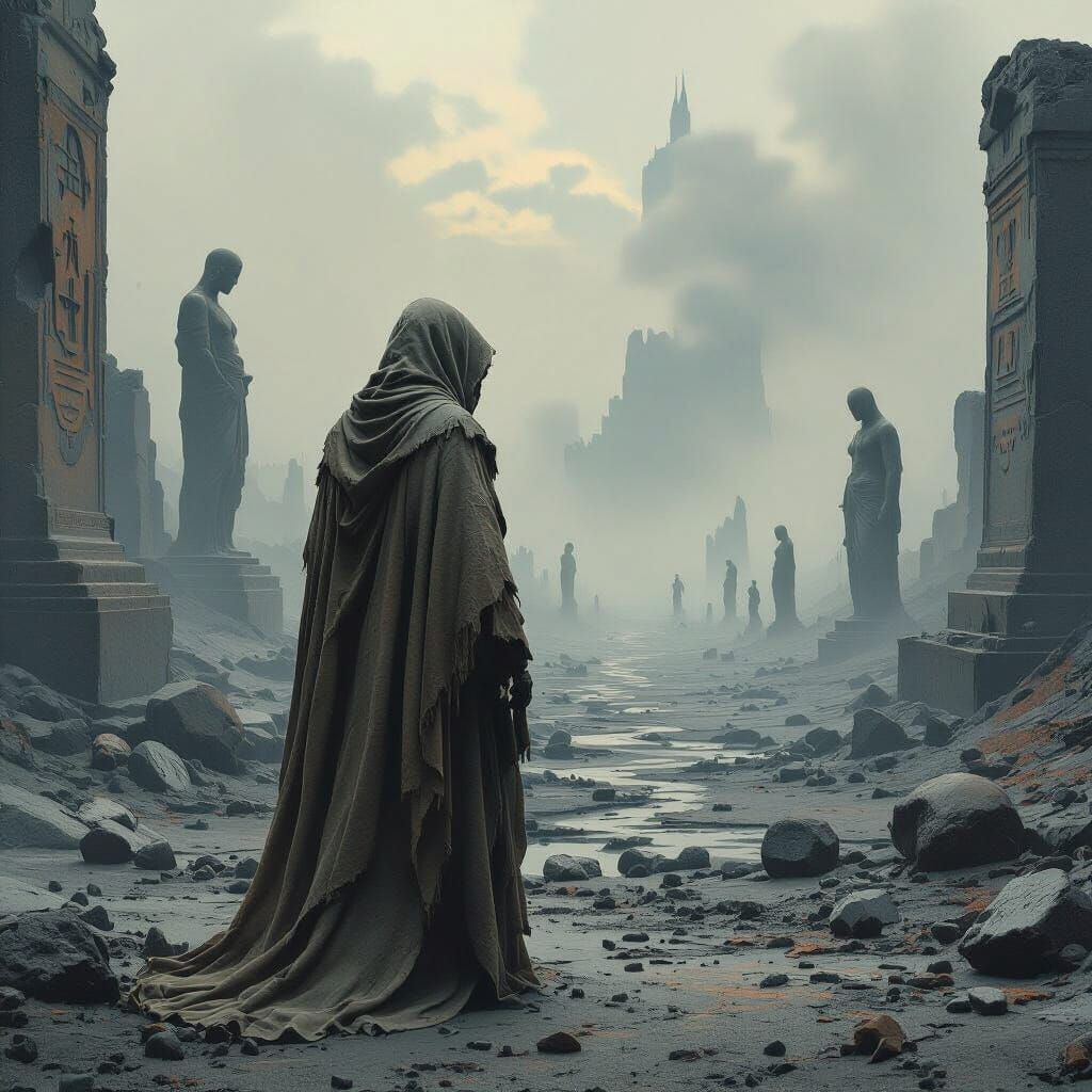 Decaying Dreamscape with Lone Figure in Dystopian Style