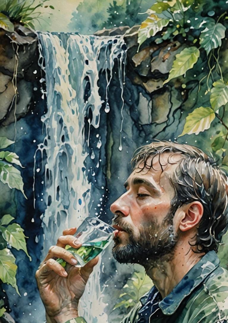 Person Drinking Fresh Water from Waterfall