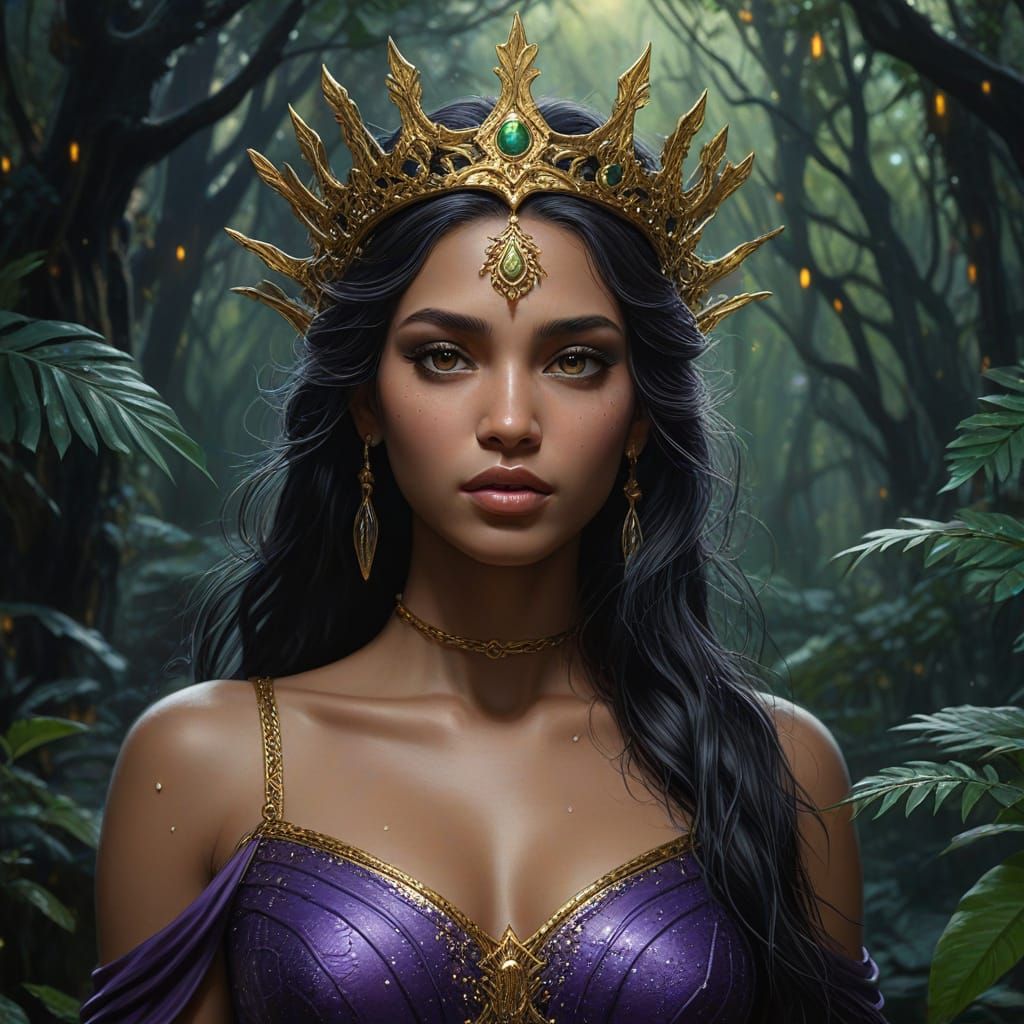 Nemesis Goddess in Rainforest: Hyperrealistic Oil Painting