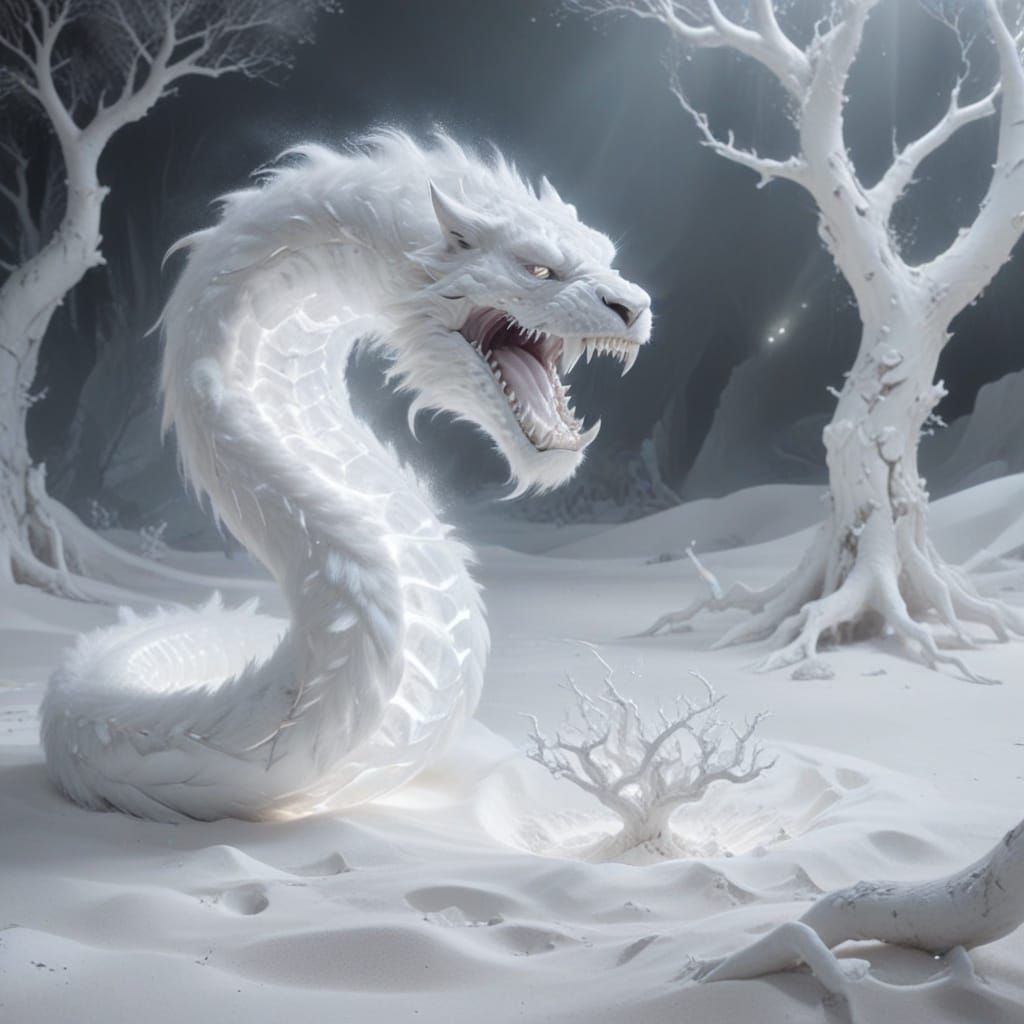 Serpentine Beast in a Mystical White Landscape