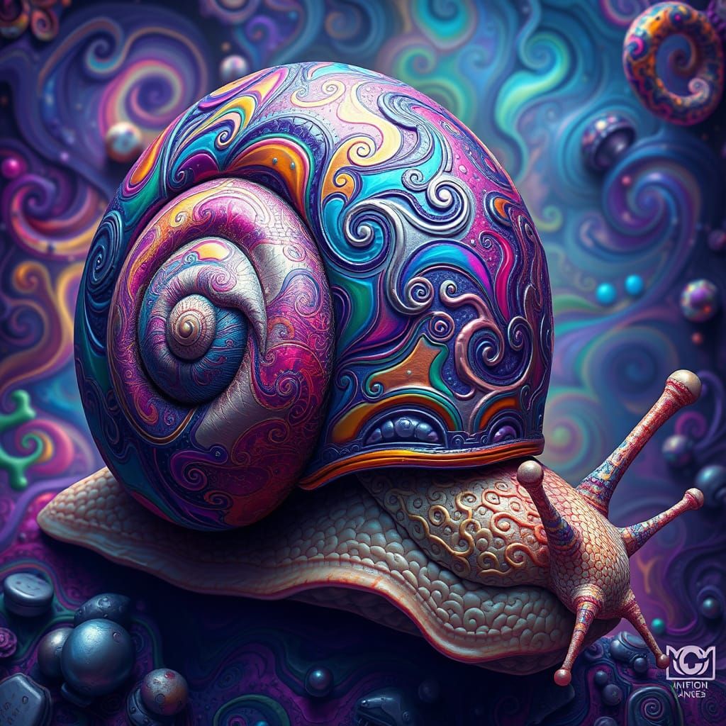 Psychedelic Snail with Swirling Patterns in Surreal Style