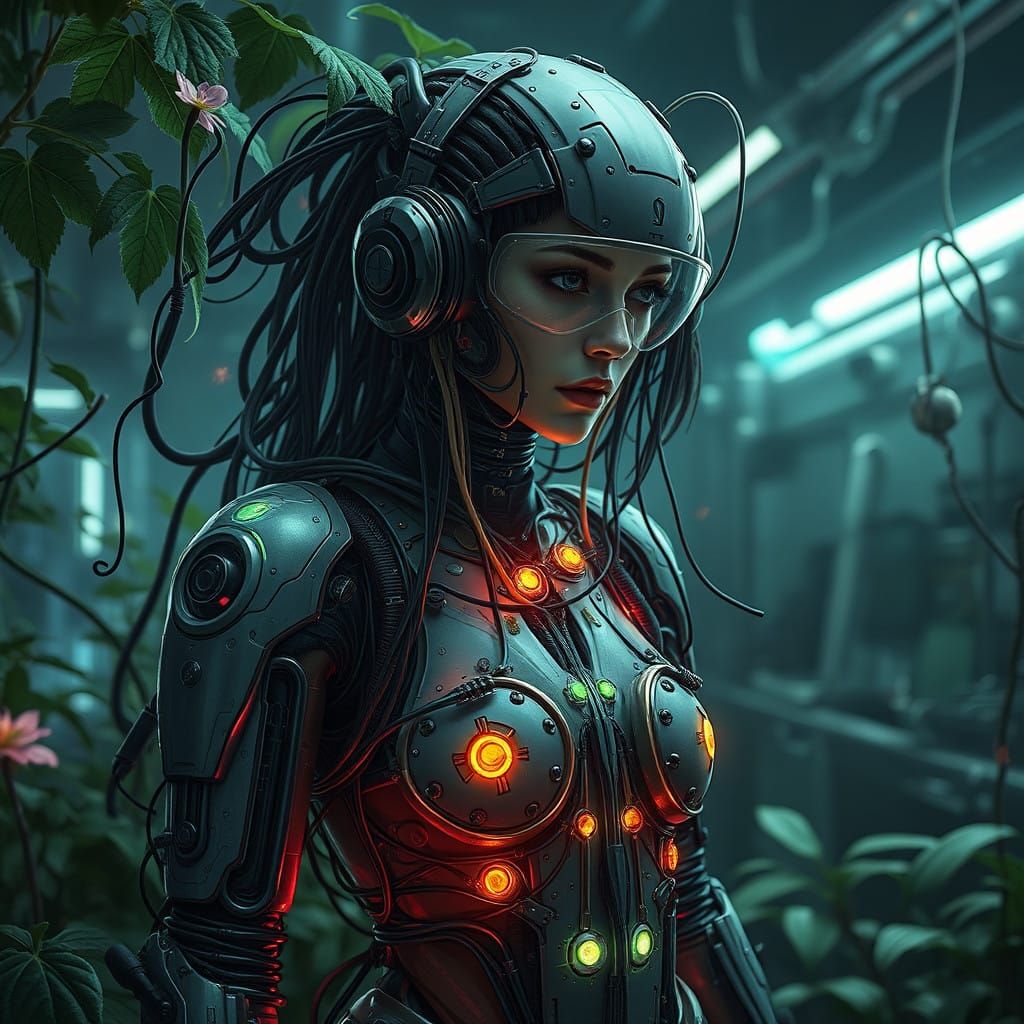 Cyborg Scientist in Biomechanical Exosuit amidst Lush Vines ...