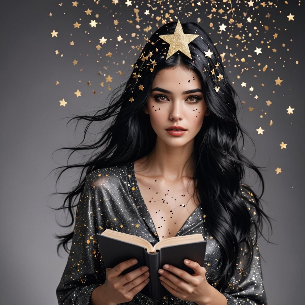 Stunning Star-Adorned Model Holding Magical Book