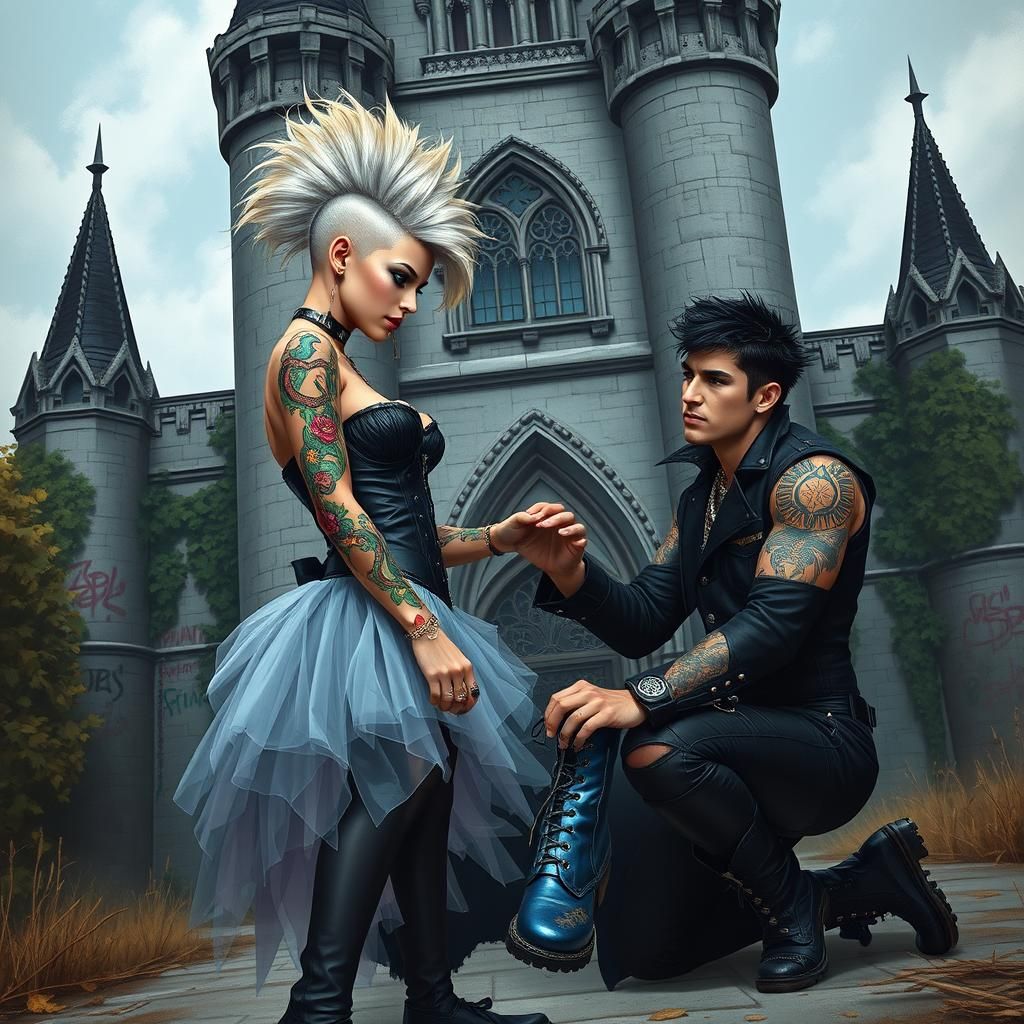 Punk Cinderella coloured tattoos with her punk handsome prin...