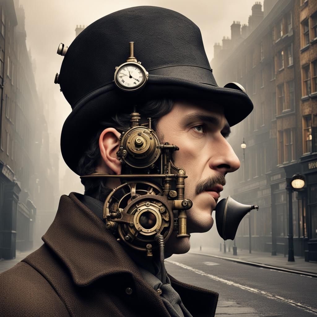 Sherlock Holmes in London Fog with Steampunk Engine