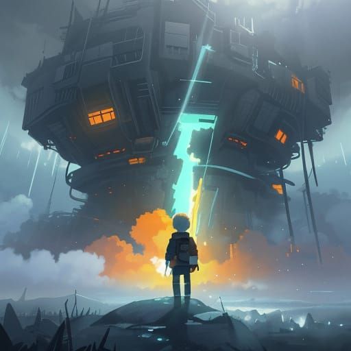 Dystopian Man Gazing into Abyss in Ghibli Style