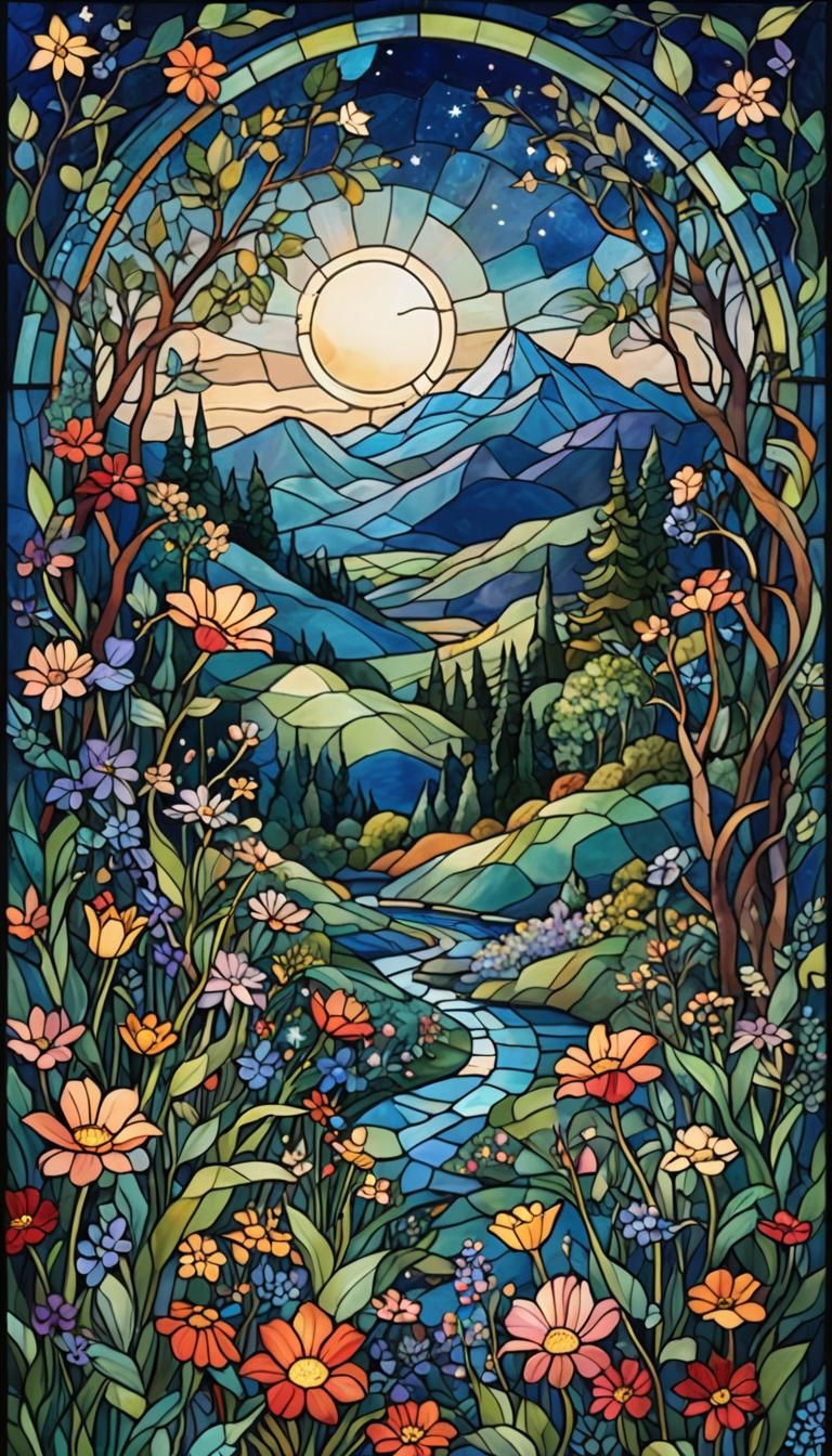Enchanted Garden in Stained Glass Style Illustration