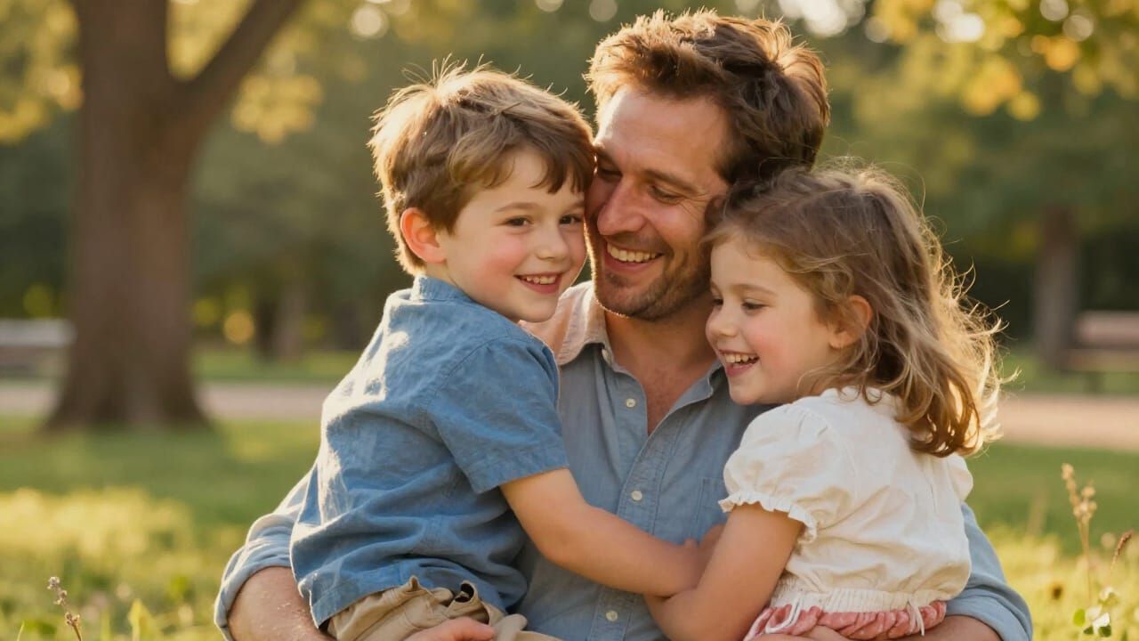 Joyful Father Embraces Children in Sunlit Park