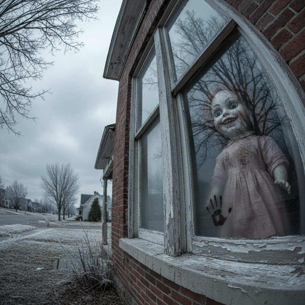 Eerie Porcelain Doll in Overcast Suburban Horror Scene