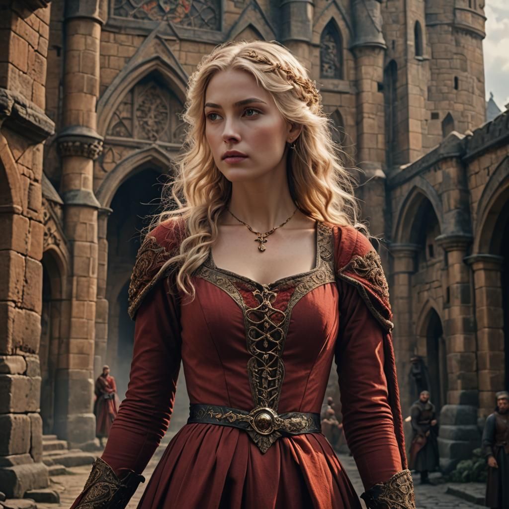 Medieval Woman in Red Dress: Digital Matte Painting