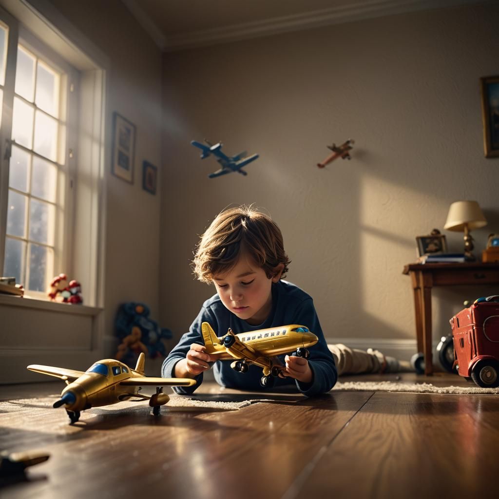 Hyper-Realistic Photo of Child Playing with Toy Airplane