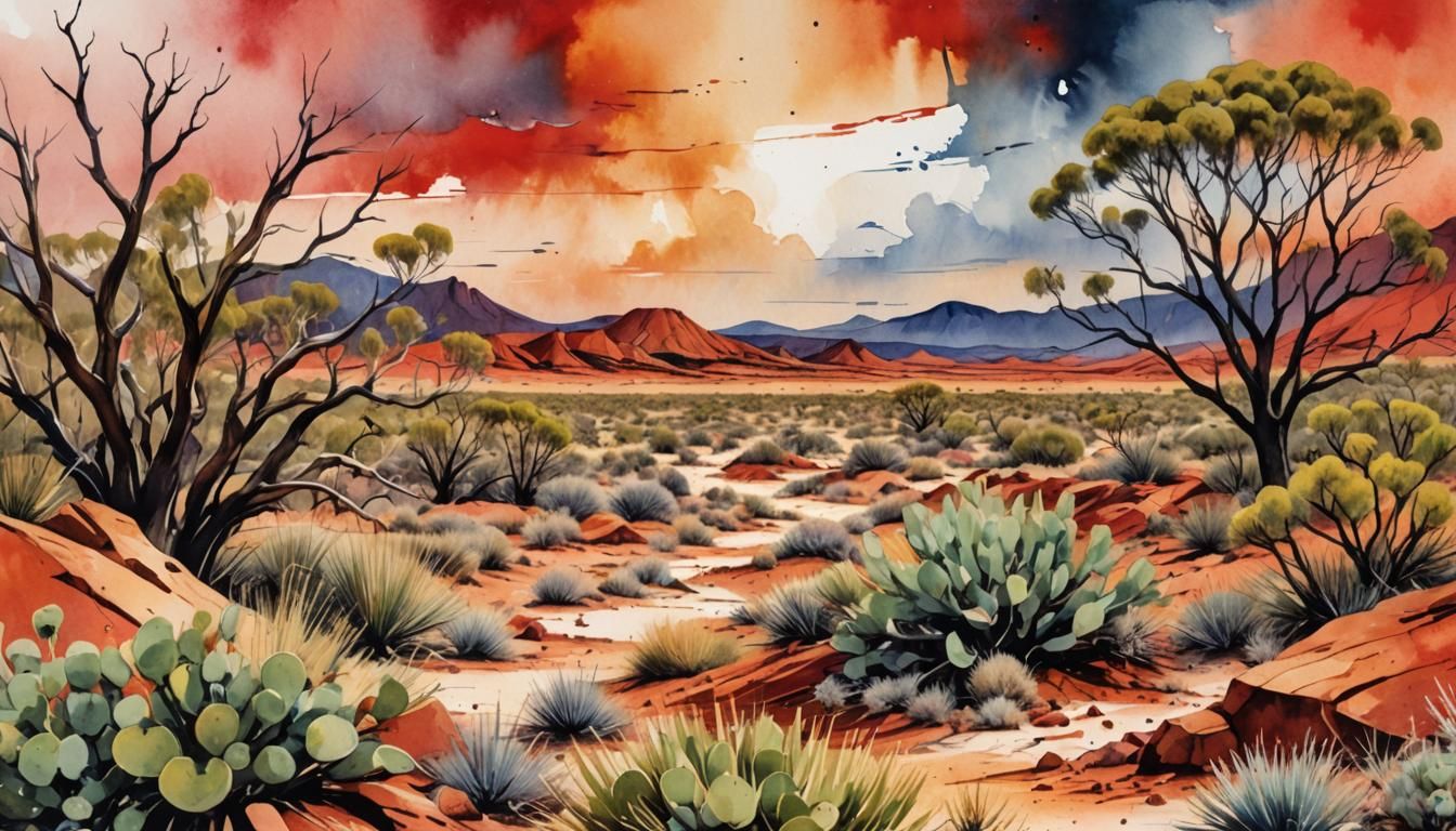 Australian Outback Desert Landscape in Watercolor Style