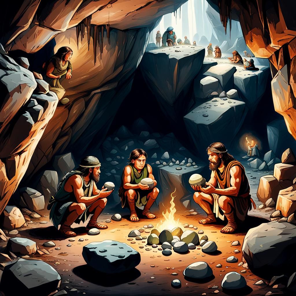 Prehistoric People in Cave with Stone Library