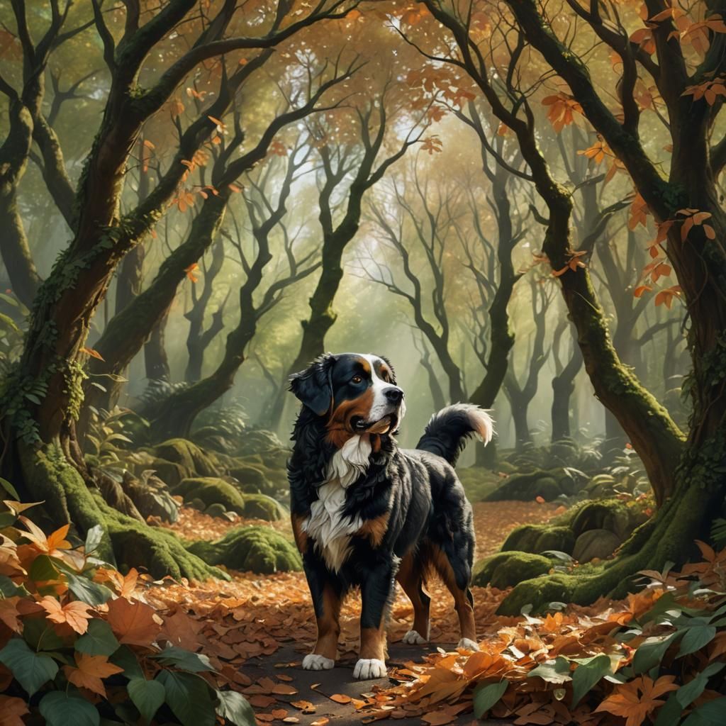 Bernese Mountain Dog in Mystical Autumn Forest