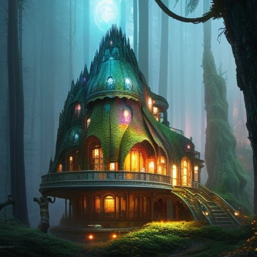 Fairytale Sci-Fi Mushroom House, Detailed Matte Painting