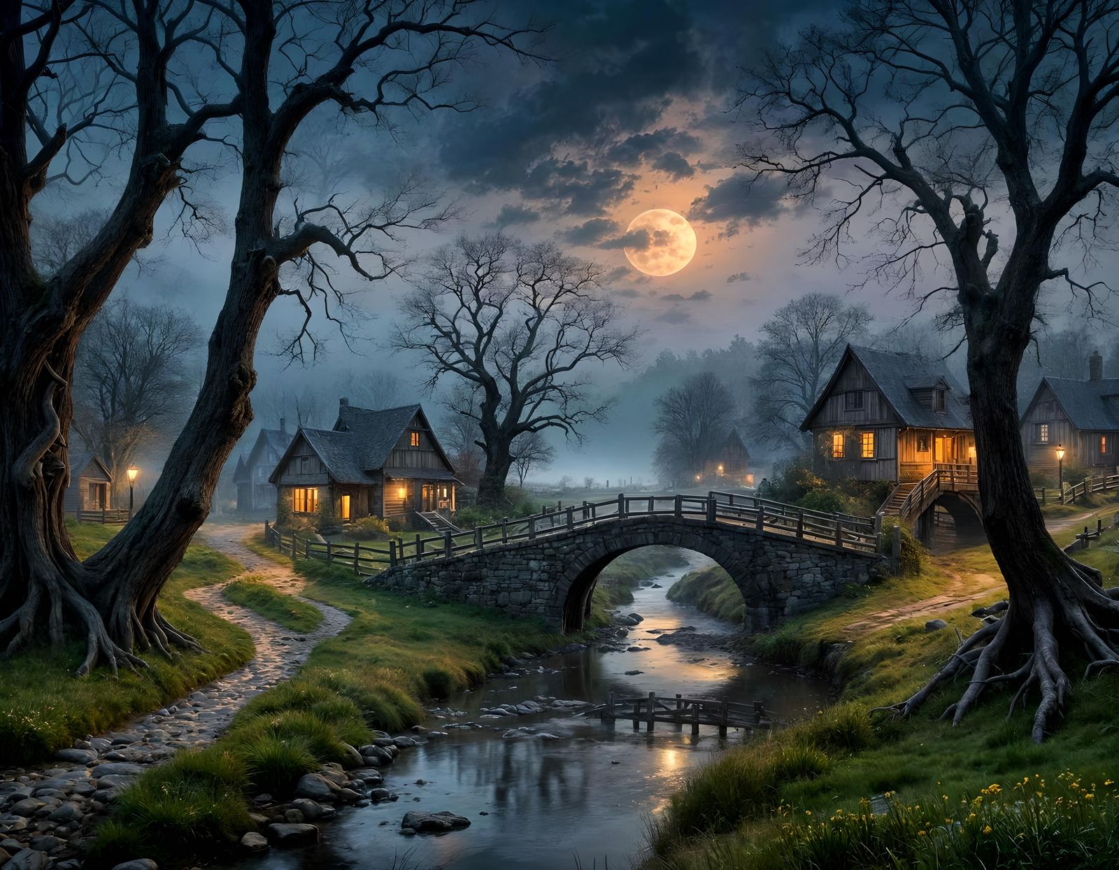 Dark Fantasy Village with Covered Bridge in Moonlight