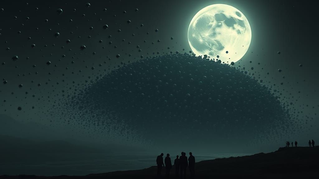Ethereal Moon Dominates Sky as Tiny Machines Descend towards...