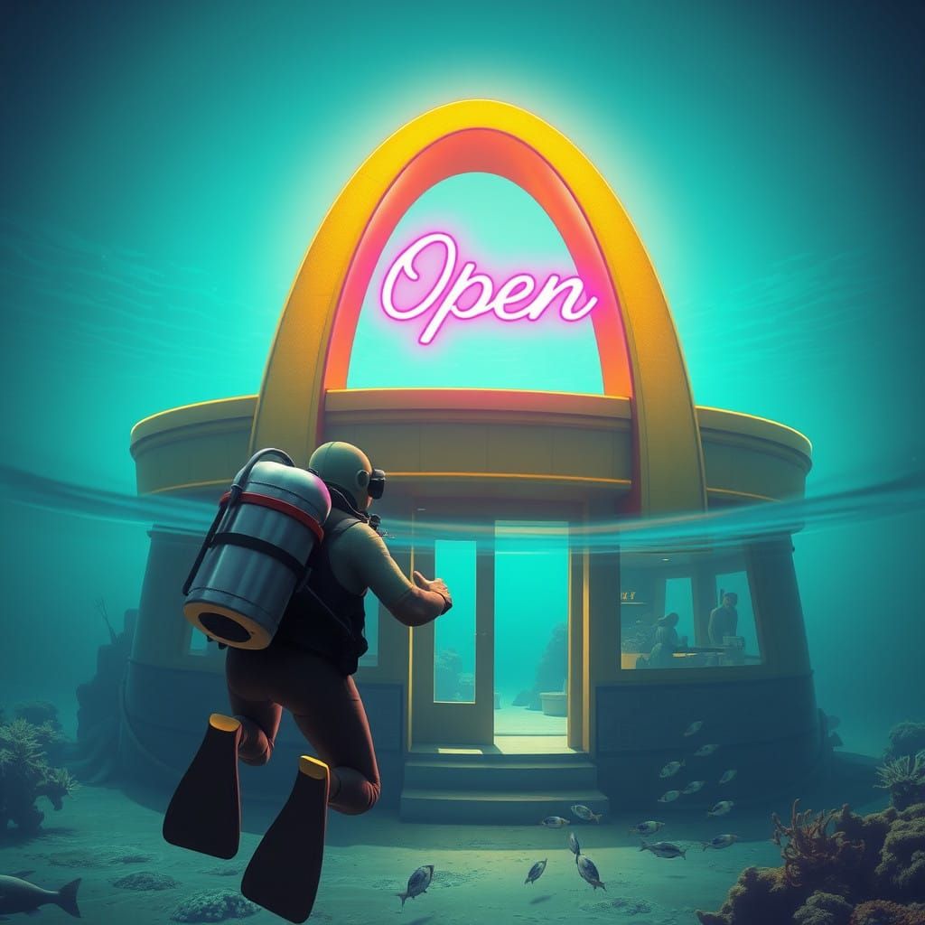 Surreal representation of an underwater McDonald's. Above th...