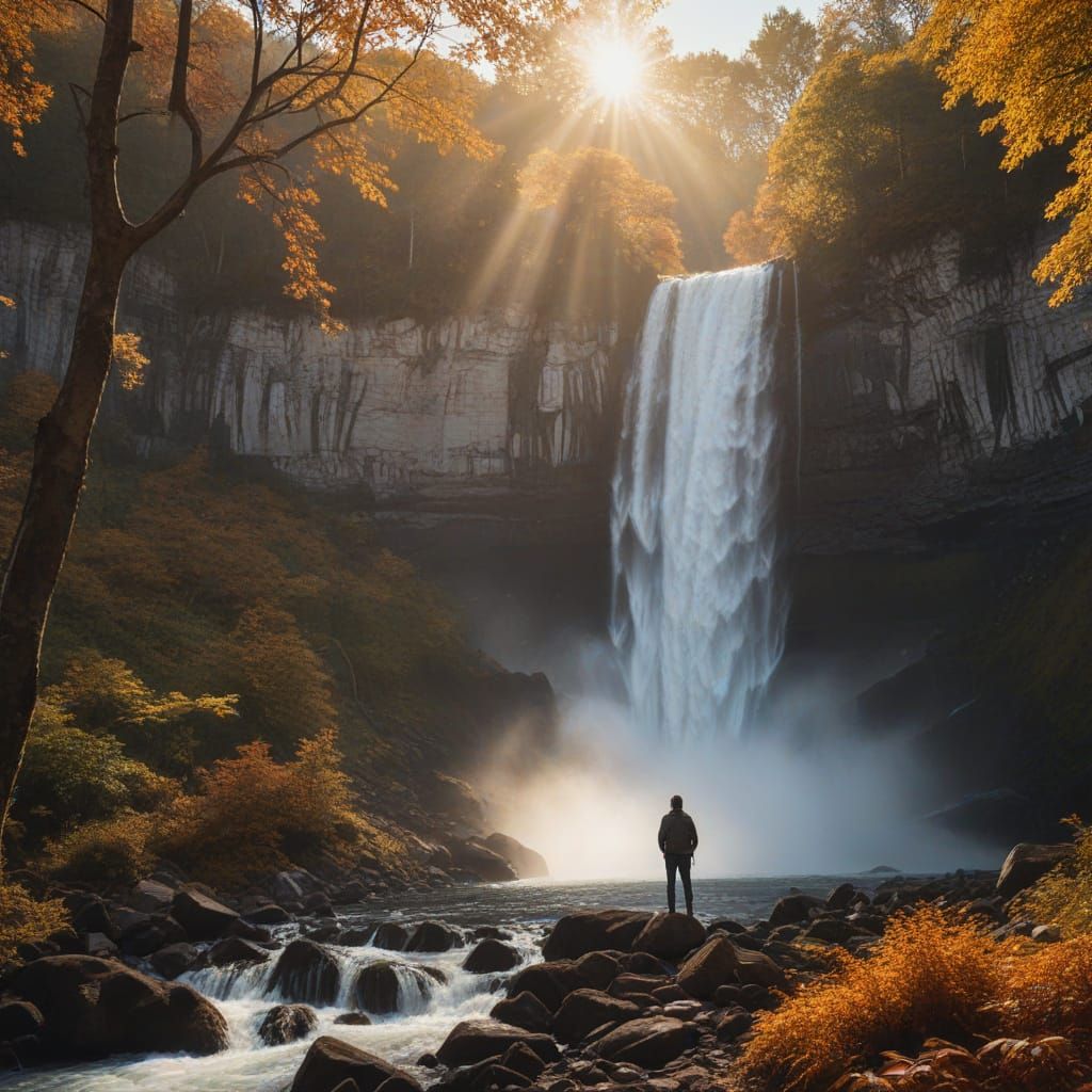 Ethereal Waterfall Landscape at Sunset