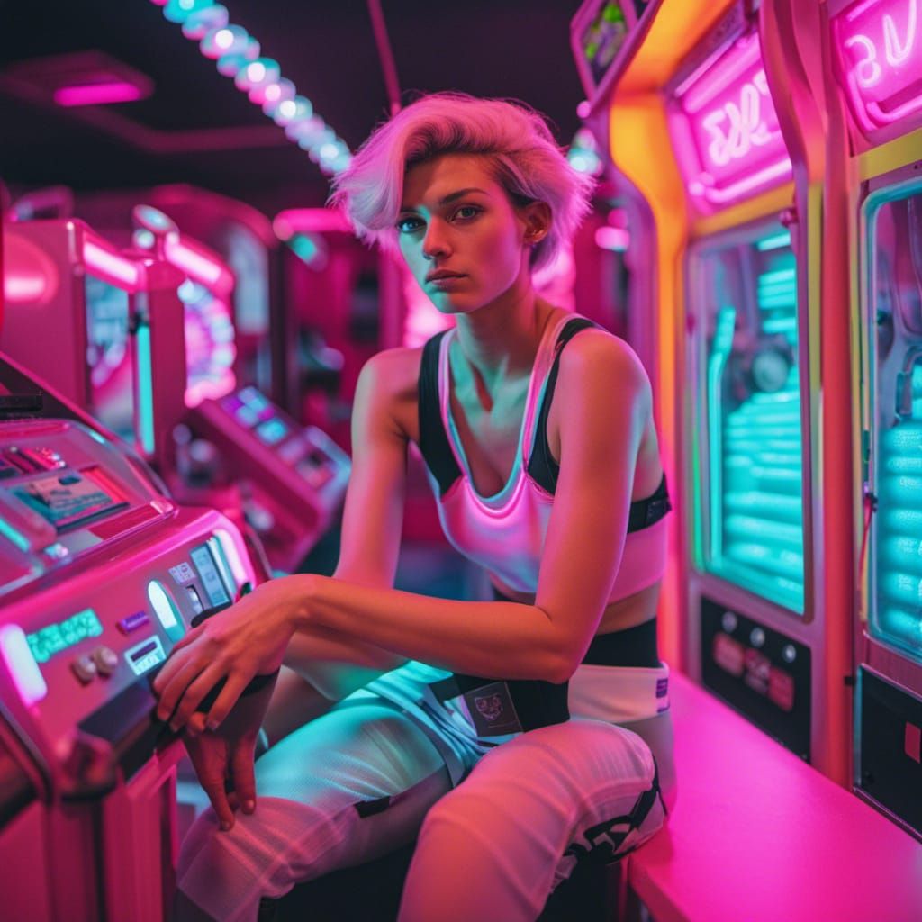 Vaporwave Girl in Neon Automat Photograph