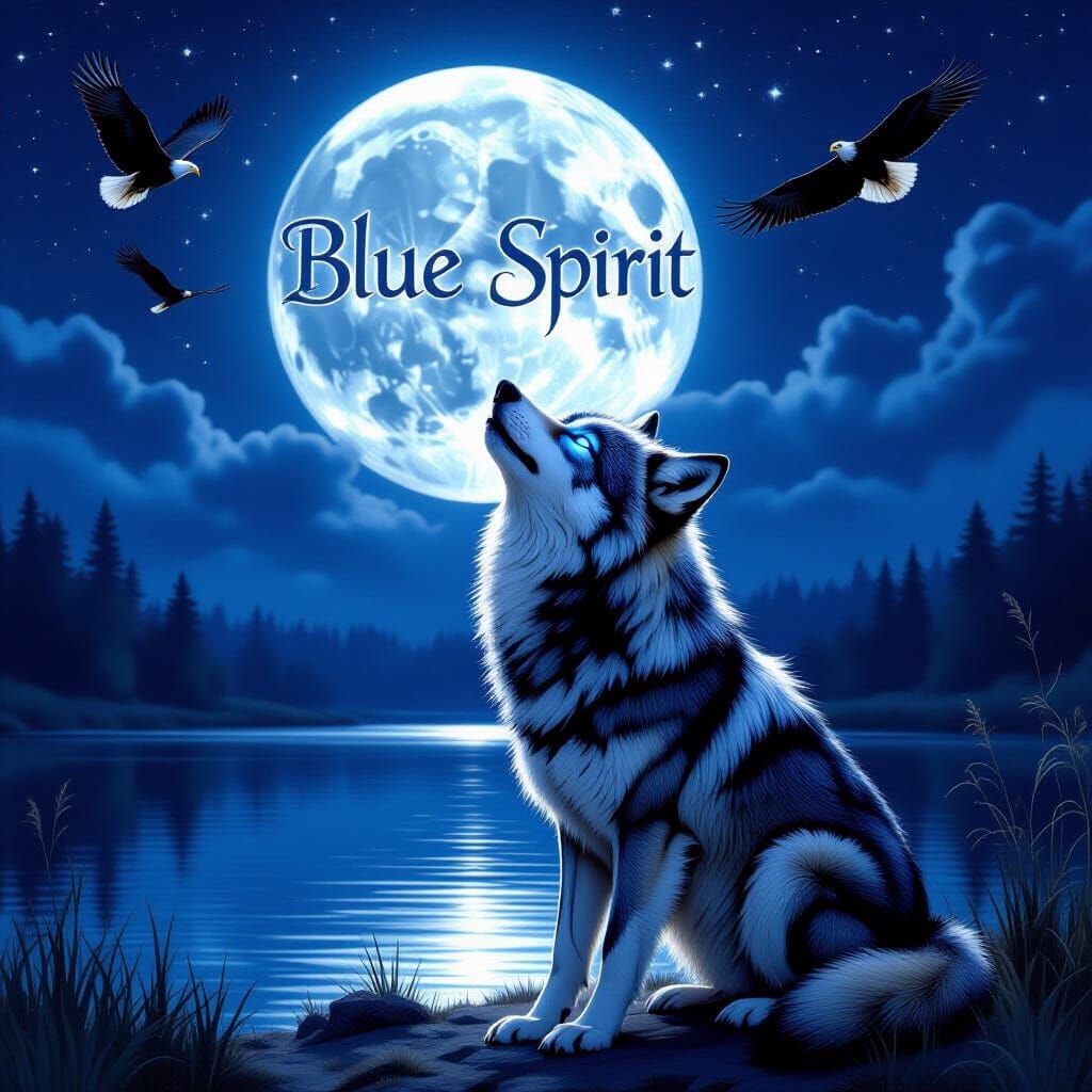 Majestic Wolf Howls at Moonlit Sky with Soaring Eagles