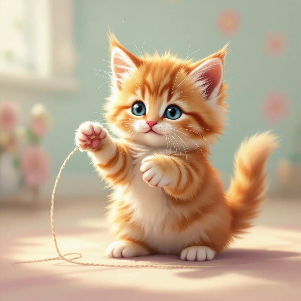 Adorable Ginger Kitten Playing in Cozy Room