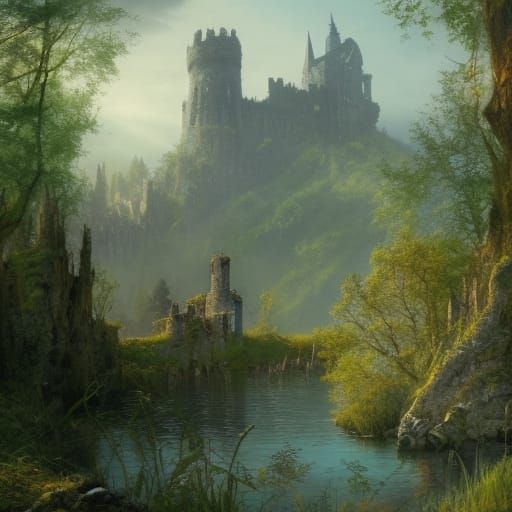 Gothic Castle Ruins in Enchanted Woodland