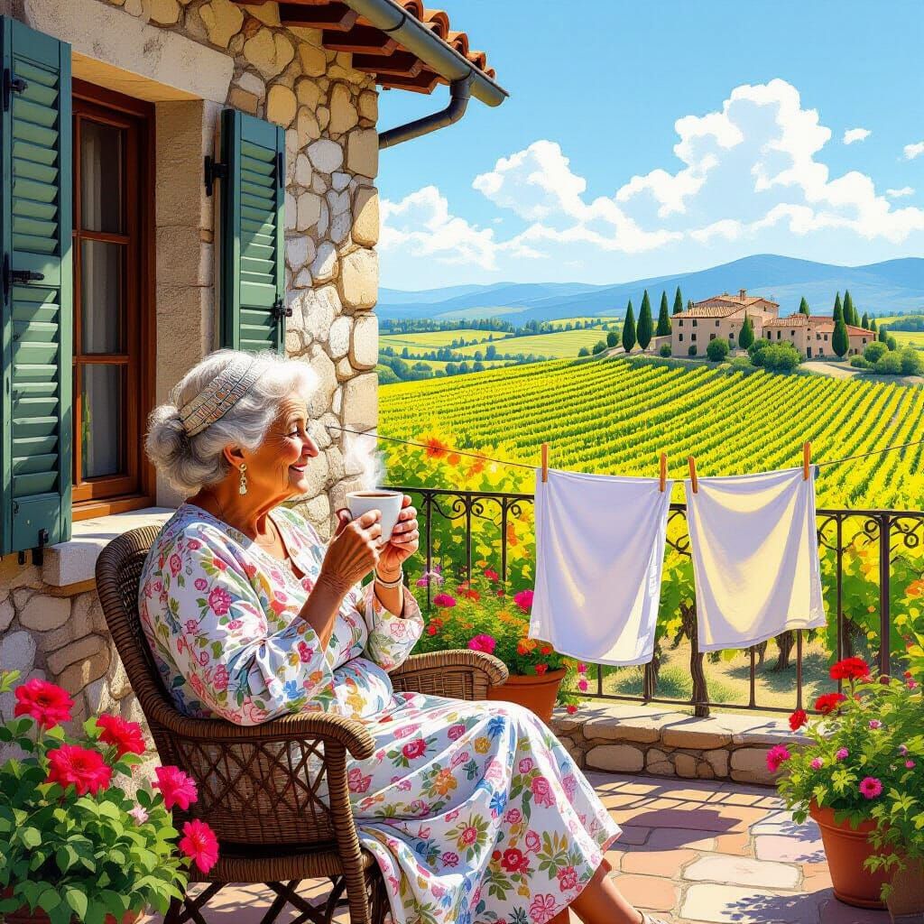 Tuscan Vineyard Scene with Smiling Italian Woman