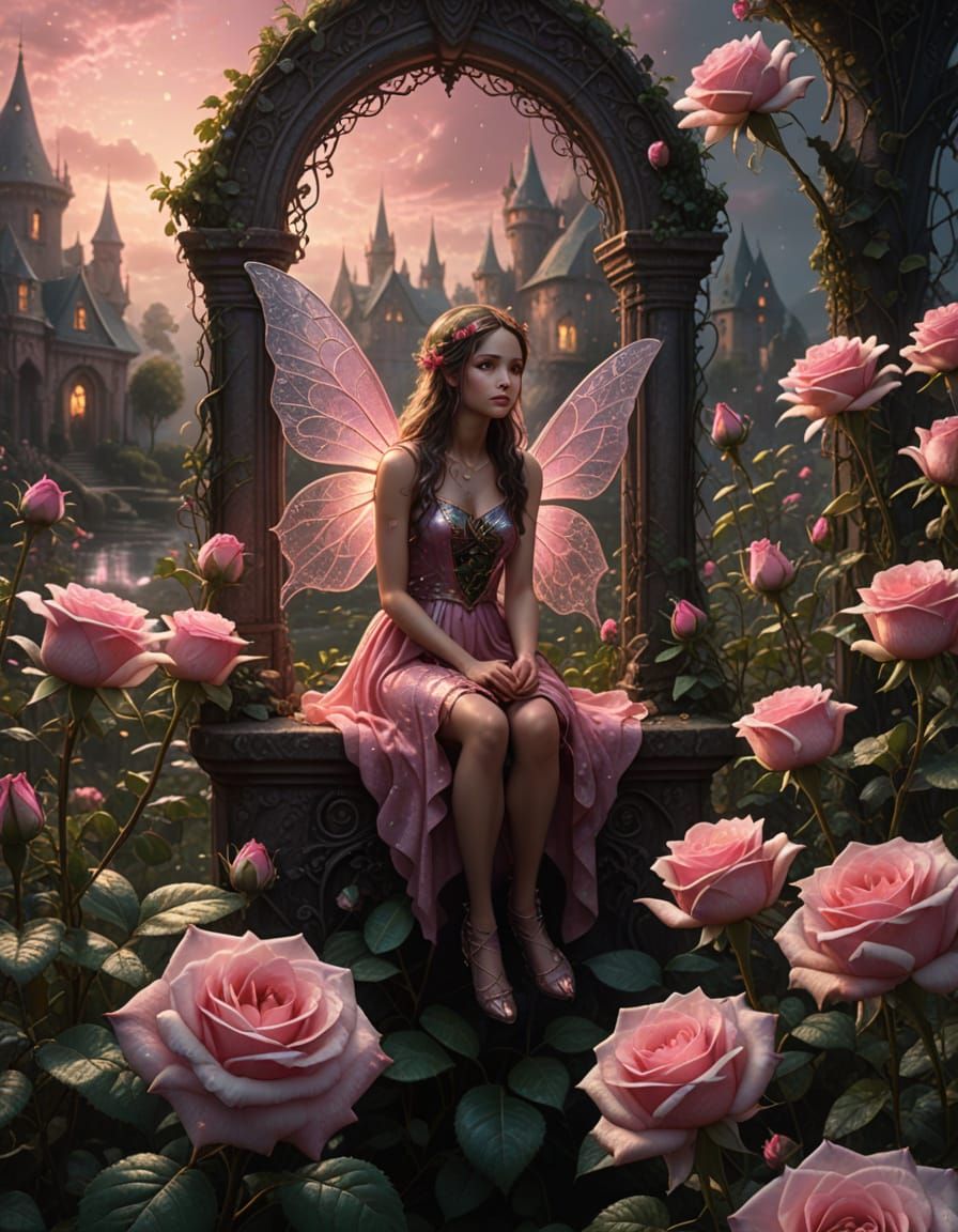 Fairy Greets Morning Dew in Pink Rose