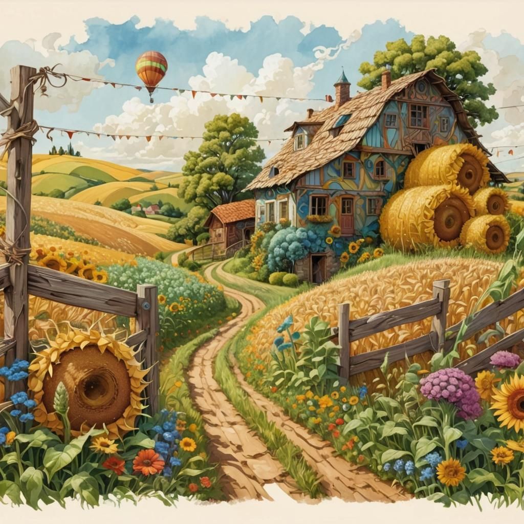 Surreal Landscape with Whimsical House in Zentangle Style