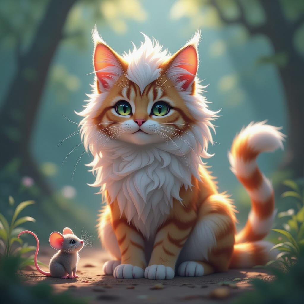 Surreal Cat-Lion-Mouse Hybrid in 3D Anime Style