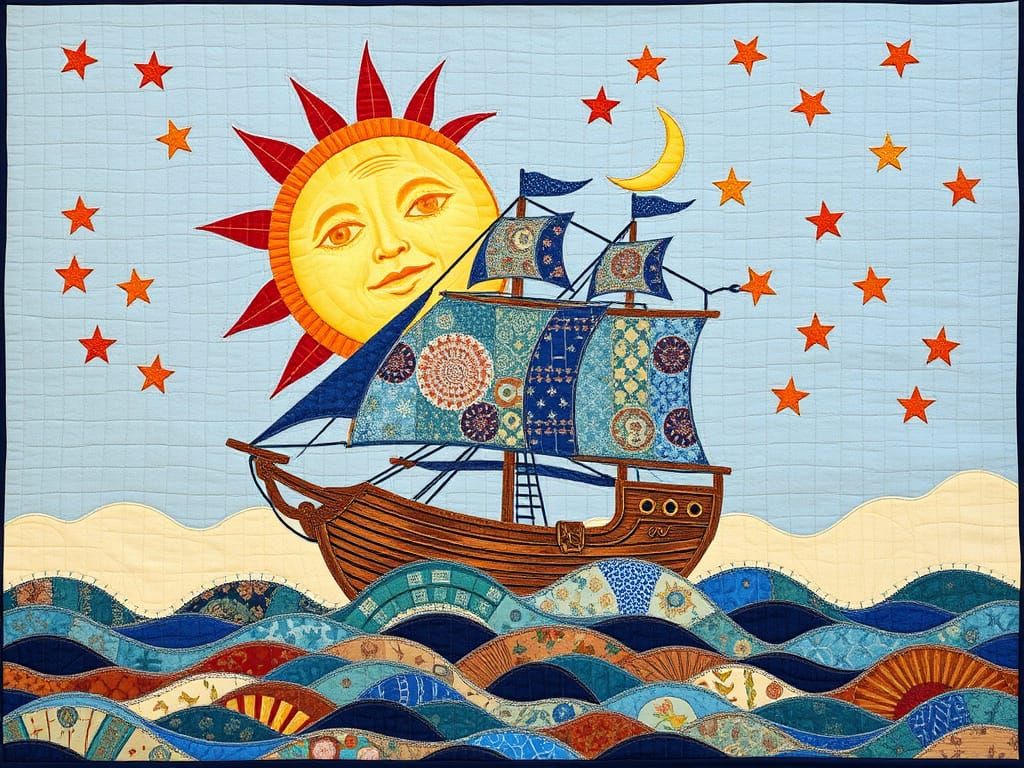 Patchwork Quilt Art: Sun, Moon, Stars, and Ship