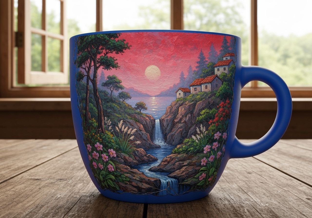 Blue 3D Mug with Kintsugi Landscape Painting